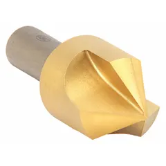 This general-purpose countersink features an 82° included angle and three-flute design for smooth cutting and reduced chatter. Constructed from TiN-coated high-speed steel for wear resistance, it has a 1/2 in body diameter. Suitable for creating conical recesses for flat-head screws and deburring holes in ferrous and non-ferrous materials.