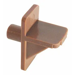 Plastic shelf support with a brown plain finish. Measures 1 in height, 29/32 in length, and 1/2 in width. Rated for 5 lb capacity. Suitable for light-duty shelving in cabinets, closets, or display units. Sold in an 8-pack.
