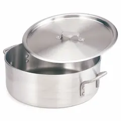 Aluminum brazier with 5 mm gauge, 25 qt capacity, and 6 in overall height. Suitable for large-batch cooking, warming, or holding in commercial kitchens and food service operations.