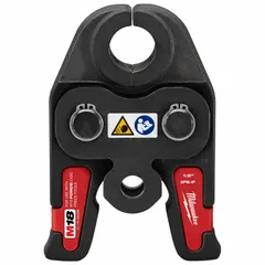 This press jaw is designed for crimping press fittings onto 1/2 in pipe in plumbing and mechanical systems. It is constructed from carbon steel and stainless steel, and is compatible with standard and extended press tool types.
