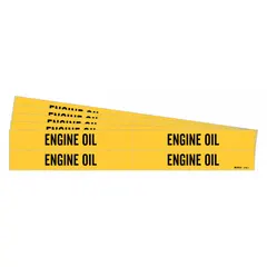 Yellow adhesive pipe marker with black legend reading 'Engine Oil'. Fits pipe outer diameters from 3/4 to 2-3/8 inches. Pack includes 4 markers without arrows, supplied in a 5-pack quantity. Used to identify engine oil lines in piping systems.