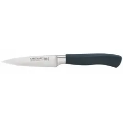 This paring knife features a forged steel blade with a straight, sharp edge and a 3 1/2 in overall length. The black Santoprene handle provides a secure grip. NSF certified. Suitable for precision cutting, peeling, and trimming tasks in food preparation.