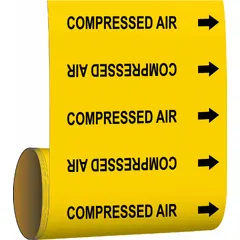 Yellow adhesive pipe markers with black 'Compressed Air' legend, designed for pipe outer diameters of 2 inches and smaller. Each roll contains 30 markers with directional arrows, suitable for identifying compressed air lines in industrial piping systems.