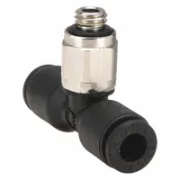 This LEGRIS tube fitting is a tee configuration with Tube x Tube x Metric connections, made of nylon and nickel-plated brass in black. It is sold as a 10-pack and is used to branch or split pneumatic or fluid lines in industrial automation, packaging, and material handling systems