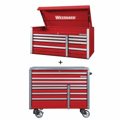This extra-heavy-duty top chest and rolling cabinet combo features 19 drawers with ball-bearing slides and keyed locks. The unit is finished in red powder coating and measures 54 inches wide by 25-3/4 inches deep by 48-3/4 inches high. Suitable for organizing tools and equipment in industrial workshops and maintenance facilities.