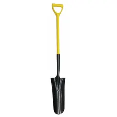 This drain spade features a 14-gauge steel blade in black and a 27-inch fiberglass handle with a yellow D-grip. It is used for digging narrow trenches, transplanting shrubs, and installing drainage systems.
