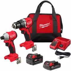 This two-tool kit includes an M18 18V hammer drill and an impact driver, providing drilling and fastening capabilities for construction, maintenance, and assembly tasks. The hammer drill is suited for masonry and concrete, while the impact driver handles screw and bolt driving.