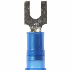 Nylon insulated block fork terminal for #6 studs, accepting 16 AWG to 14 AWG wire. Rated 600 V with insulation grip barrel. Used for secure wire termination in electrical panels, control cabinets, and industrial machinery.