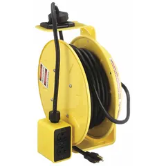 Self-retracting cord reel with 25 ft of 12 AWG SJOW cable. Feeder cord ends in a NEMA 5-20P plug; retractable cord ends in a NEMA 5-20R receptacle. Used for organized cord management in workshops and industrial settings, reducing trip hazards and keeping cords tidy.