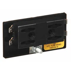 Open-style 4-pole fuse block for blade automotive fuses. Features bolt-down mounting and quick-connect terminals. Suitable for power distribution in automotive, marine, and industrial electrical systems.