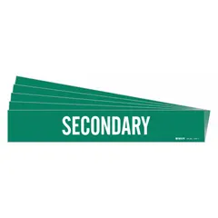 This pipe marker features a green background with white legend text reading 'Secondary'. Designed for pipe outer diameters from 2-1/2 to 7-7/8 inches, it is supplied without arrows. Suitable for labeling secondary piping systems in industrial facilities to identify pipe service.