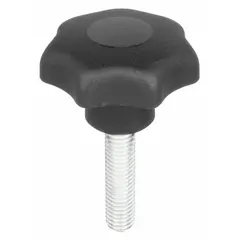 This 7-arm knob with threaded stud is used as a manual control handle on industrial machinery, clamping devices, and adjustment mechanisms. Its multi-arm design provides ergonomic grip for frequent hand-tightening or positioning tasks. The knob has a 25 mm diameter, M6 thread, and 25 mm thread length, constructed from plastic with a steel threaded stud.