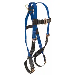 Unisex vest-style harness for general fall arrest in general industry applications. Features steel back D-rings, mating/tongue buckle, and friction torso adjustment. Black/blue color, no padding, not RFID-equipped.