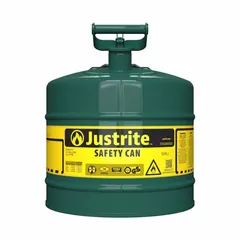 This 5-gallon Type I safety can is constructed from powder-coated steel in green. It is designed for storing and dispensing flammable liquids such as oil in industrial settings. The single-opening design allows for controlled pouring and filling.