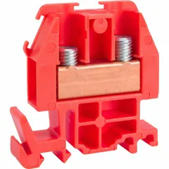 DIN rail mount pass-through block with box lug wire termination. Rated 60 A, accepts minimum 22 AWG wire. Two wire terminals for connecting and distributing power in control panels and automation systems.
