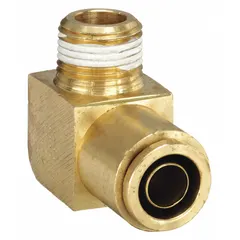 This brass adapter elbow features a push-to-connect connection on one end for 5/8 in OD tubing and a 1/2 in NPTF male thread on the other. It is used in air brake systems and pneumatic circuits to create a leak-resistant joint without special tools.