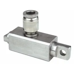 This end-mount piston vibrator delivers 13,500 vibrations per minute with 100 lb of force, operating at 2 cfm and 80 psi. It connects via a 1/4 in hose and is used to move bulk materials in hoppers, chutes, and screens, preventing bridging or clogging in industrial material handling.
