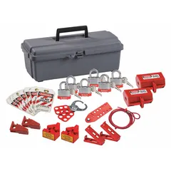 This portable lockout kit includes a plug encasing lockout and two breaker multi-pole devices, supplied in a polyethylene box carrying case measuring 8 in D x 14 in W x 7.5 in H. Designed for electrical lockout/tagout procedures, it is suitable for isolating plug-type energy sources in industrial maintenance and safety compliance applications.