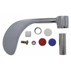 Metal replacement handle with chrome finish for hot/cold water faucets. Includes index buttons and screws for installation. Suitable for commercial and institutional settings where wrist-blade operation aids hygiene and ease of use.