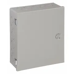 NEMA 1 steel indoor enclosure with hinged solid cover, painted finish, and clamps for closure. Measures 12 x 10 x 4 inches. Includes knockouts for conduit entry. Suitable for protecting electrical controls, terminals, and instruments in indoor environments where dust and light impact protection is required.