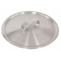 This aluminum fry pan cover has a 15-inch top diameter and a 1.5 mm gauge. It features a riveted aluminum handle and an uncoated, natural silver finish. Designed to fit standard fry pans, it helps contain heat and reduce cooking time in commercial or residential kitchens.