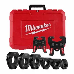 MILWAUKEE Press Ring Kit: 1/2 to 2 in Pipe, 304 Stainless Steel/316 Stainless Steel/Black Iron (MPN 49-16-2697X). Key specifications — attr518794: 1/2 to 2 in; attr518793: 316 Stainless Steel; attr518792: PowerPress; attr553578: 1/2 in IPS-P Pivoting Press Ring for M18™ and M12™ FORCE LOGIC™ Press Tools (49-16-2650BX); attr518791: MILWAUKEE.