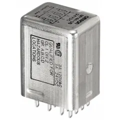 This OMRON MY Series relay features a hermetically sealed design for use in environments with dust, moisture, or corrosive gases. It has a 4PDT contact configuration, 3 A current rating, 24V DC coil, and 14 flat quick-connect pins on a square base. Plug-in mounting allows easy installation in industrial control panels and automation systems.