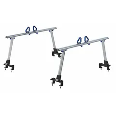 Adjustable black aluminum truck bed rack, 13 in length, 36-1/2 in width, 7-1/2 in height. Designed for carrying ladders, lumber, pipes, and other long loads above the truck bed. Suitable for contractors and job sites requiring overhead cargo transport.