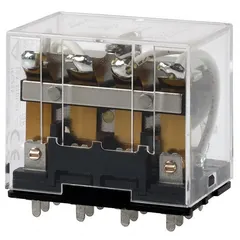 OMRON LY Series general purpose relay with 24V DC coil, 4PDT contact configuration, and 14 PCB terminals. Square base with plug-in mounting for use in industrial control panels and automation systems.