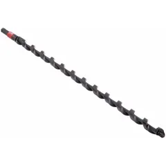 This hex shank pole auger drill bit has a 1/2-inch diameter and 24-inch overall length for deep boring in wood. It is designed for use with impact drivers or auger handles in applications such as drilling utility poles and heavy timber.