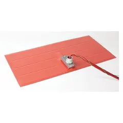 This silicone rubber heating blanket provides controlled surface heating for applications requiring chemical resistance and temperatures up to 232°C. It measures 12 inches in overall length and width with a thickness of 3/16 inch. The grounded blanket features an adhesive backing for secure attachment to metal surfaces such as pipes, tanks, or equipment. A separate controller is required for operation.