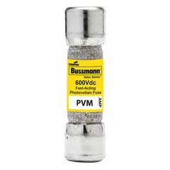 The BUSSMANN PVM-10 is a fast-acting cylindrical fuse rated at 10 A and 600 V DC. It is part of the PVM series and provides overcurrent protection in photovoltaic systems, such as solar panel arrays and combiner boxes.