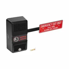 This rim-type exit door alarm push lever features a steel body in black and operates on a 9 V DC battery. When activated, it emits a siren alarm to deter unauthorized exit while allowing safe egress. Typical applications include securing emergency exits in commercial, industrial, and institutional buildings.