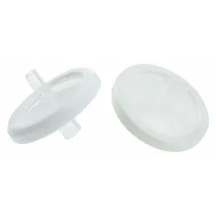 Non-sterile syringe filter with a 0.45 µm PTFE membrane and polypropylene housing. Features a female Luer Lock inlet and male Luer Slip outlet, with a 100 mL maximum capacity. Used for laboratory filtration of small-volume samples, including solvents and aggressive chemicals.