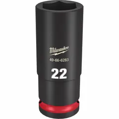 This 1/2" drive impact socket is designed for use with impact tools on metric fasteners. It features a 22 mm, 6-point deep profile with friction retention for secure engagement. The black phosphate finish provides corrosion resistance. Suitable for industrial fastening and loosening applications.