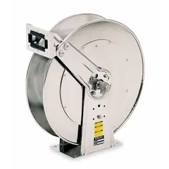 This corrosion-resistant stainless steel dual-pedestal spring-return hose reel is designed for washdown applications in industrial environments. It handles water or mild chemicals at up to 500 psi, with a hose capacity of 50 ft (1 in I.D.). Features a stainless steel swivel and silver finish. Overall dimensions: 24 in L x 15-3/4 in W x 25-3/8 in H.