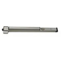 This exit door alarm push bar features a steel alarm body and a mortise cylinder. It operates on a 9 V DC battery and emits a siren sound at 85 dB. Suitable for use on emergency exit doors in commercial and industrial settings to deter unauthorized use while allowing safe egress.