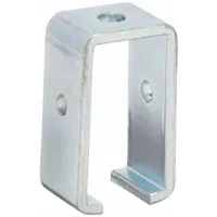 Steel trolley support with electroplated silver finish. Overall length 3 3/4 in, width 1 1/8 in, thread size 9/16 in. Used for mounting and stabilizing trolley systems in material handling, conveyor, and overhead rail applications