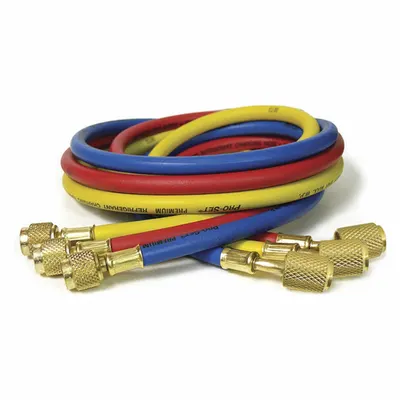 PRO-SET Hose: 5 ft Lg, 0° Angle, Blue/Red/Yellow, Nylon, 3 Hoses - Charging Hose Sets