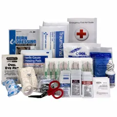 Bulk, latex-free first aid refill for 25 people, compliant with ANSI/ISEA Z308.1-2021. Includes 32 adhesive bandages, 10 burn cream packets, and conforming gauze roll. No oral or inhalant medication. Suitable for office environments.