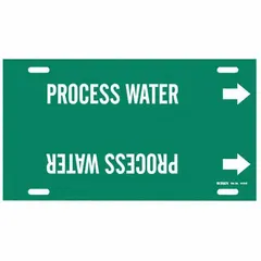 Green pipe marker with white legend reading 'Process Water' and directional arrows. Fits pipe outer diameters of 8 to 9-7/8 inches. Strap-on design for quick installation on process water lines in industrial facilities, aiding in pipe content identification for maintenance and safety.