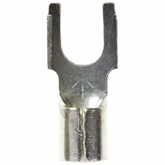 Non-insulated block fork terminal for #10 stud size, accepting 12 AWG to 10 AWG wire. Rated for 600 V. Suitable for use in control panels, machinery wiring, and power distribution where a secure, removable connection is required.
