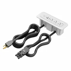 Rectangular recessed-mount furniture power strip with three 5-15R outlets and one Type C USB connector. Includes a 10 ft cord with straight plug. White finish, 7.63 in width. Suitable for integrating power and charging into desks, workbenches, or conference tables.