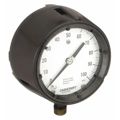 ASHCROFT Process Pressure Gauge: 0 psi to 100 psi, White, 4 1/2 in Dial, 1/2 in NPT Male - Brass/Bronze Wetted Parts & Plastic Casing
