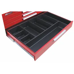 This divider organizes a 34-inch drawer into eight compartments with a 4-inch insert height. It is designed for use in Kennedy brand tool chests to separate and store small parts.