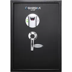 Free-standing security safe with 1.45 cu ft capacity, constructed of steel. Features a biometric lock for keyless access, 2 dead locking bolts, and tamper-resistant design. Suitable for securing valuables, documents, or small items in home or office settings. Not fire rated.