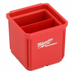 This bin set is made of red polymer and measures 4 inches in width, height, and length. It includes two interior organization trays and two dividers for sorting small parts and fasteners. Designed for use with the PACKOUT modular storage system, it helps keep components organized on job sites or in workshops.