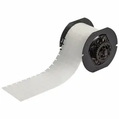 Acrylic precut label roll with aggressive permanent adhesive for thermal transfer printing. Halogen-free construction. Compatible with i5300 printer series. Suitable for industrial identification such as asset tagging, cable marking, and component labeling.