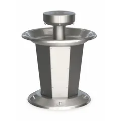 This circular stainless steel wash fountain from the Sentry series is operated by foot push buttons, allowing multiple users simultaneously. It features an off-line vent drain and a 36-inch overall width. Suitable for high-traffic industrial or commercial restrooms where touchless operation and water efficiency are desired.