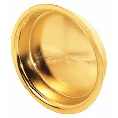 This round recessed handle and pull is made of brass with a polished brass finish in gold. It features unthreaded mounting holes and is supplied as a single piece. Suitable for use on cabinet doors, drawers, and trays where a flush grip is desired.